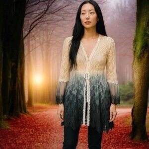 Dor Dor Couture Whimsigoth Cream Blue Ombre Lace Bohemian Cardigan Womens Medium